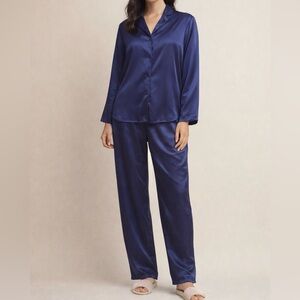 Navy Blue Satin Two-Piece Pajama Set | Long Sleeve Top & Full-Length Pants 1X